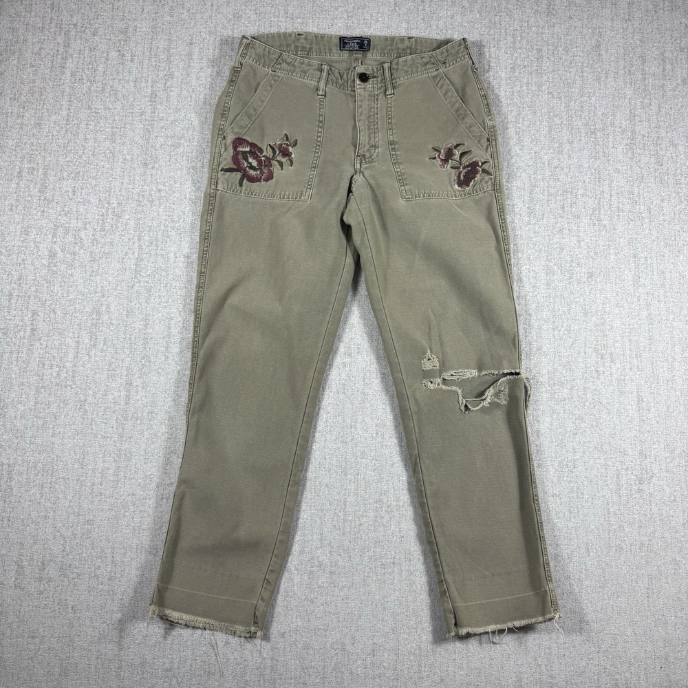 Abercrombie & Fitch Women Pants 25/0r Green Floral AMES LOW RISE Slim Boyfriend